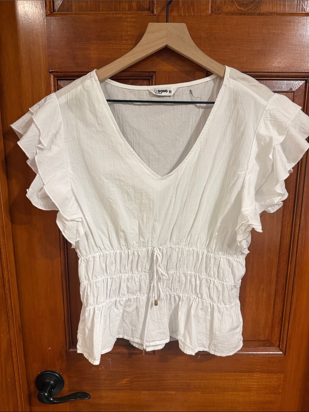 Ciso White V-Neck Ruffle Sleeve Smocked Waist Top